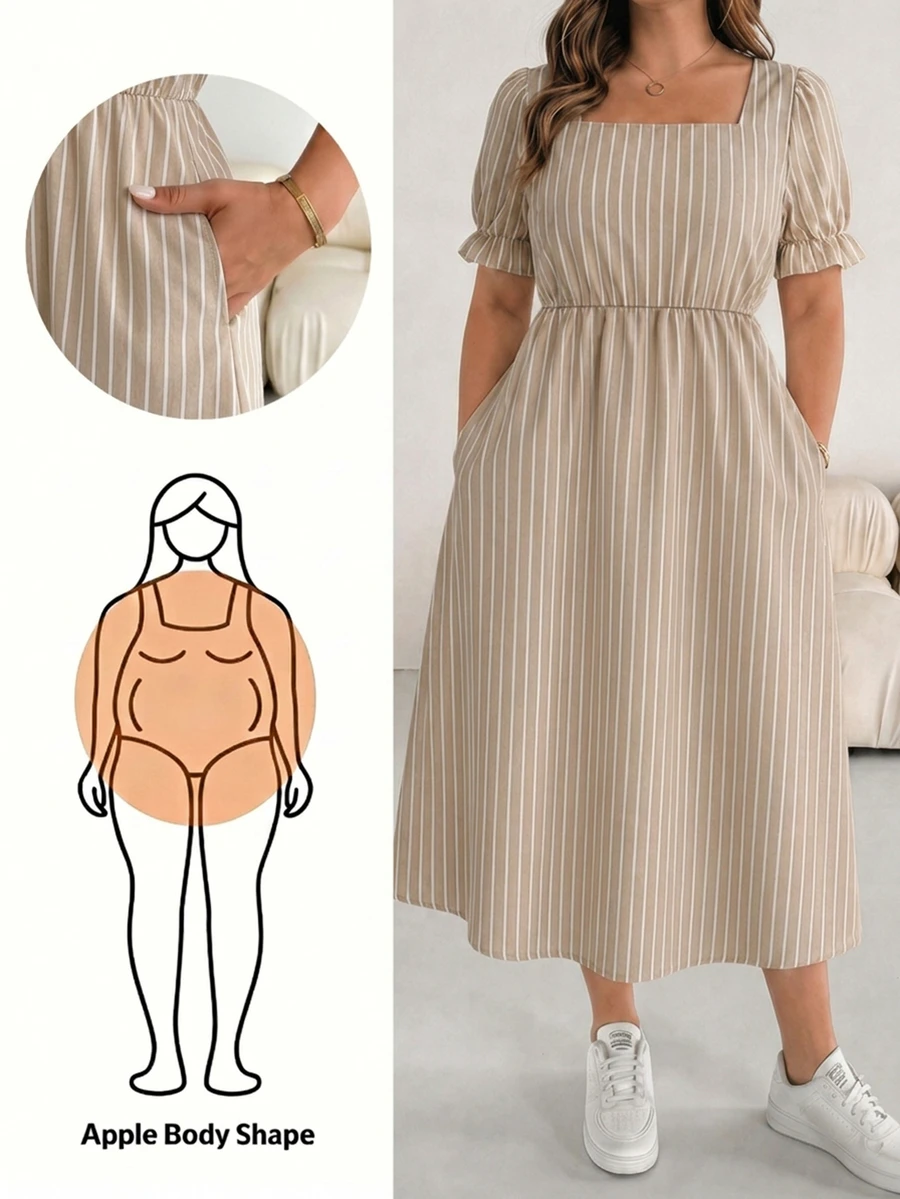 SHEIN Essnce 大尺碼夏季休閒條紋洋裝 - 彩色 - 查看 1