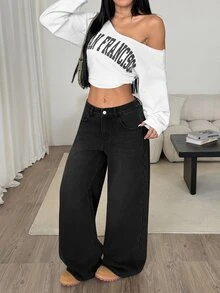 Coolane 女款寬腿寬鬆休閒百搭牛仔褲，附口袋 - 黑色 - 查看 3