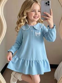 Girls' Ruffled Peter Pan Collar Long Sleeve Patchwork Ruffle Print Bow Pattern Korean Style A-Line Casual Minimalist Dress,Back To School Clothes Girl - Baby Blue - View 5