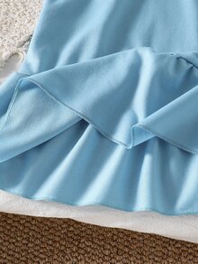 Girls' Ruffled Peter Pan Collar Long Sleeve Patchwork Ruffle Print Bow Pattern Korean Style A-Line Casual Minimalist Dress,Back To School Clothes Girl - Baby Blue - View 7