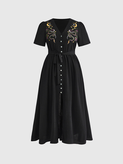 Gothic Style Summer Vacation Snake Skin & Floral Print Deep V-Neck High Slit Plus Size Dress For Women