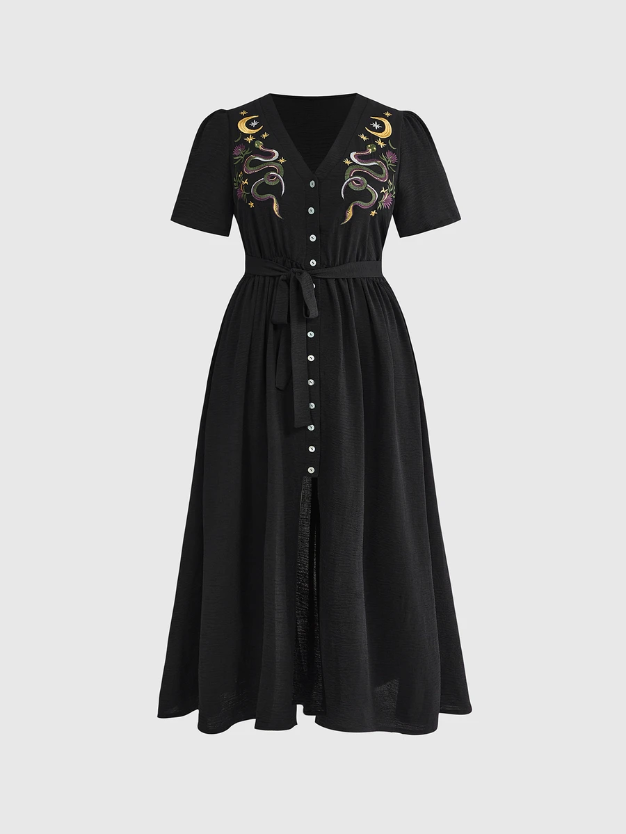 ROMWE Goth Vestido de talla grande con escote en V profundo, abertura alta y estampado de piel de serpiente y floral, estilo gótico para vacaciones de verano para mujeres - Negro - Ver 1