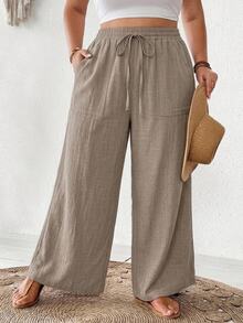 SHEIN CURVE+ Plus Size Casual Drawstring Waist Pocket Loose Pants For Daily Wear Fall - Khaki - View 5