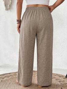 SHEIN CURVE+ Plus Size Casual Drawstring Waist Pocket Loose Pants For Daily Wear Fall - Khaki - View 2