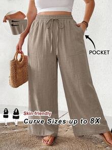 SHEIN CURVE+ Plus Size Casual Drawstring Waist Pocket Loose Pants For Daily Wear Fall - Khaki - View 8