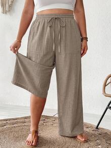 SHEIN CURVE+ Plus Size Casual Drawstring Waist Pocket Loose Pants For Daily Wear Fall - Khaki - View 7