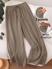 SHEIN CURVE+ Plus Size Casual Drawstring Waist Pocket Loose Pants For Daily Wear Fall - Khaki - View 1