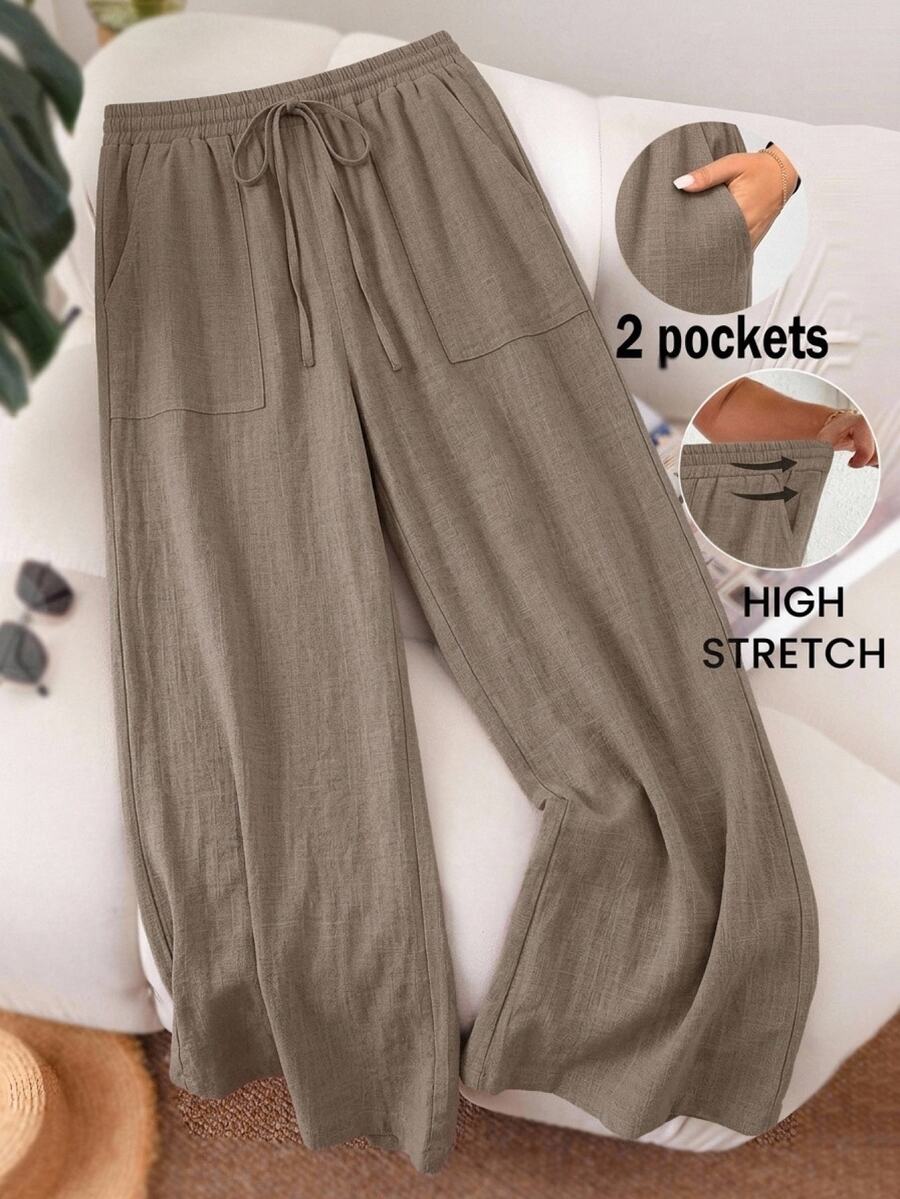 SHEIN CURVE+ Plus Size Casual Drawstring Waist Pocket Loose Pants For Daily Wear Fall - Khaki - View 1