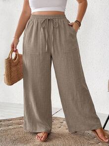 SHEIN CURVE+ Plus Size Casual Drawstring Waist Pocket Loose Pants For Daily Wear Fall - Khaki - View 3