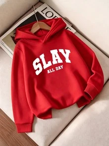 SHEIN 青少年女孩 1 件 SLAY ALL DAY 休閒校園風字母印花白色運動衫，時尚街頭風，適合秋冬冬季假期、返校季 - 紅色 - 查看 1