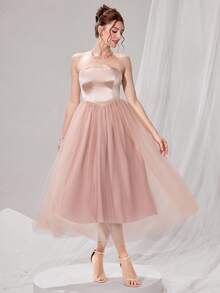 Poshira Women's Elegant Solid Color Mesh Patchwork Bandeau Cocktail Dress, Party Dress, Prom Dress - Pink - View 4