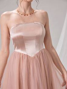 Poshira Women's Elegant Solid Color Mesh Patchwork Bandeau Cocktail Dress, Party Dress, Prom Dress - Pink - View 5