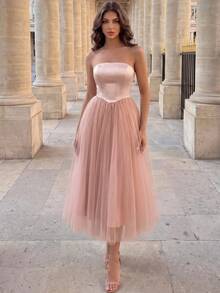 Poshira Women's Elegant Solid Color Mesh Patchwork Bandeau Cocktail Dress, Party Dress, Prom Dress - Pink - View 1