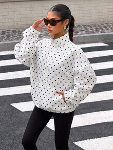 Muchica 2026秋冬黑白波點半開襟編織女款夾克，Y2K復古休閒日常，聖誕節、新年、感恩節 - 黑與白 - 查看 6