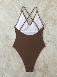 Swim Basics 2025 Women's Solid Color Ruched Backless Spaghetti Strap One-Piece Swimsuit - Coffee Brown - View 2