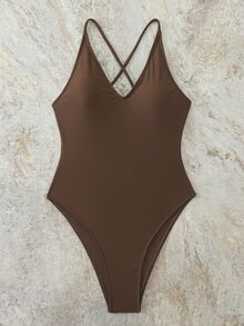 Swim Basics 2025 Women's Solid Color Ruched Backless Spaghetti Strap One-Piece Swimsuit - Coffee Brown - View 3