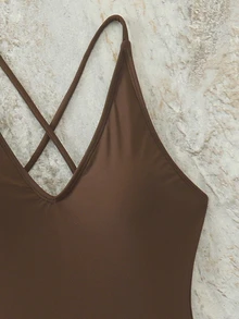 Swim Basics 2025 Women's Solid Color Ruched Backless Spaghetti Strap One-Piece Swimsuit - Coffee Brown - View 6