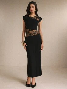 Poéselle 女款夏季優雅蕾絲拼接長洋裝 - 黑色 - 查看 7