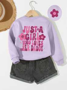 SHEIN Playful Pals 女嬰休閒可愛卡通漸層花朵字母印花基本款圓領衛衣 幼兒女童日常舒適穿著衣物 - 紫色 - 查看 4