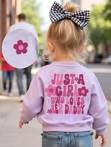 SHEIN Playful Pals 女嬰休閒可愛卡通漸層花朵字母印花基本款圓領衛衣 幼兒女童日常舒適穿著衣物 - 紫色 - 查看 1