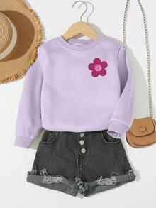 SHEIN Playful Pals 女嬰休閒可愛卡通漸層花朵字母印花基本款圓領衛衣 幼兒女童日常舒適穿著衣物 - 紫色 - 查看 2
