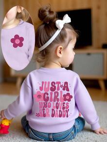 SHEIN Playful Pals 女嬰休閒可愛卡通漸層花朵字母印花基本款圓領衛衣 幼兒女童日常舒適穿著衣物 - 紫色 - 查看 3