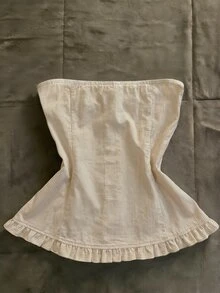 IslaSuriya 女士夏季休闲度假通勤条纹印花褶皱荷叶边抹胸上衣 - 杏色 - 查看 2