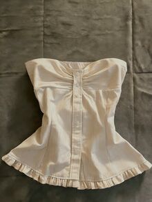 IslaSuriya 女士夏季休闲度假通勤条纹印花褶皱荷叶边抹胸上衣 - 杏色 - 查看 1