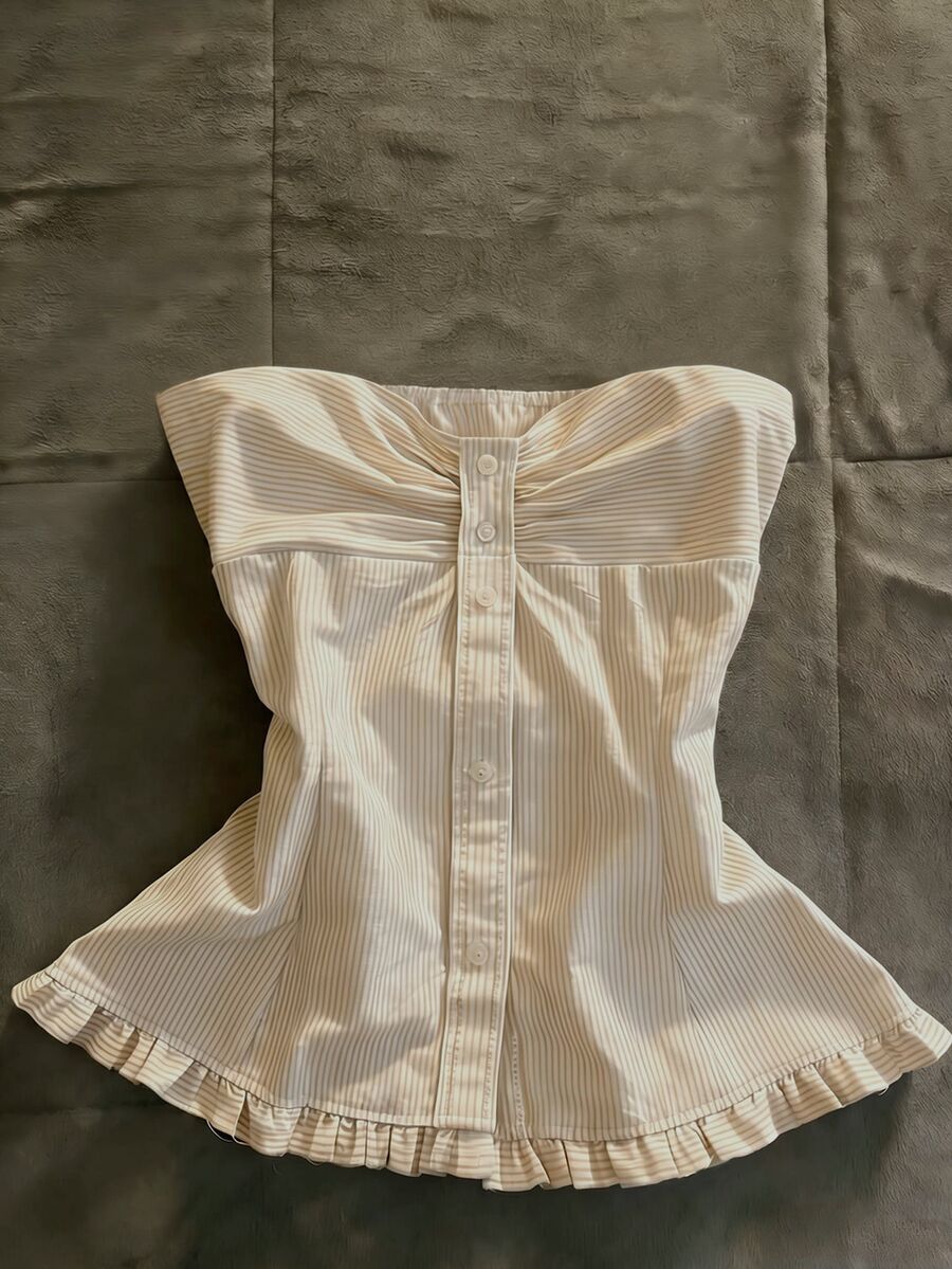 IslaSuriya 女士夏季休闲度假通勤条纹印花褶皱荷叶边抹胸上衣 - 杏色 - 查看 1