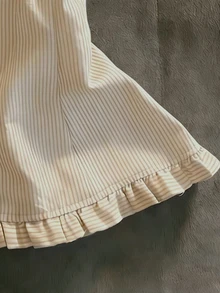 IslaSuriya 女士夏季休闲度假通勤条纹印花褶皱荷叶边抹胸上衣 - 杏色 - 查看 3