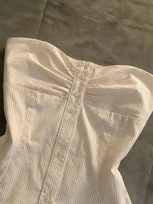 IslaSuriya 女士夏季休闲度假通勤条纹印花褶皱荷叶边抹胸上衣 - 杏色 - 查看 4