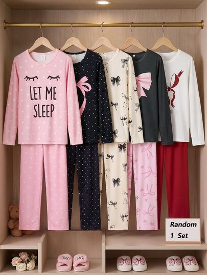 [Randomly Send 1 Set]Teen Girls Long Sleeve Pajama Set, Spring/Autumn Home Wear, Sweet Gentle Bow Print Style, Beige/Black/Red/Pink Soft Multi-Color, Soft Skin-Friendly Knitted Fabric, Round Neck Loose Long Sleeve Long Pants 2-Piece Set, Casual Loose Home Fit, Simple Sweet Style Loungewear Set