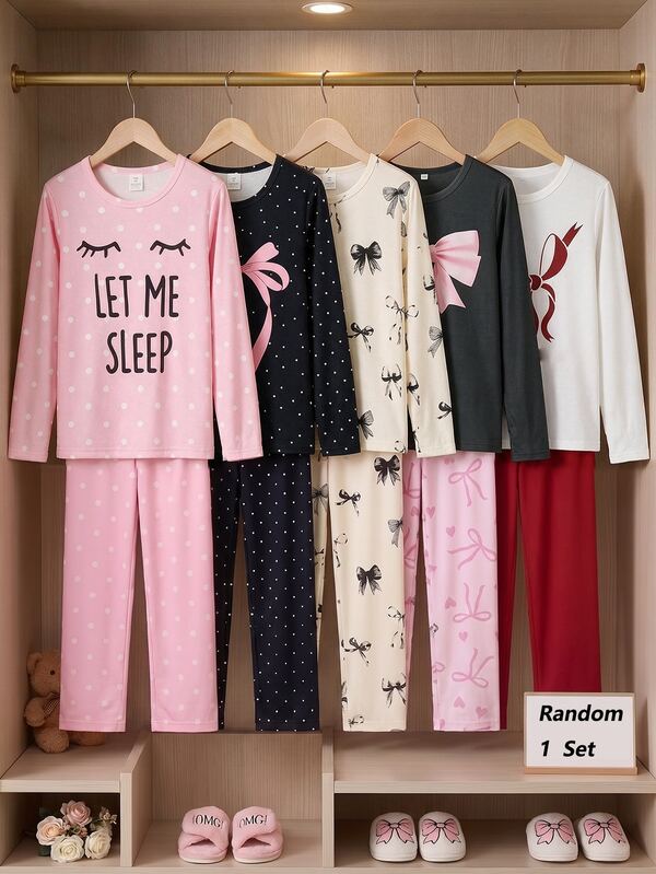 [Randomly Send 1 Set]Teen Girls Long Sleeve Pajama Set, Spring/Autumn Home Wear, Sweet Gentle Bow Print Style, Beige/Black/Red/Pink Soft Multi-Color, Soft Skin-Friendly Knitted Fabric, Round Neck Loose Long Sleeve Long Pants 2-Piece Set, Casual Loose Home Fit, Simple Sweet Style Loungewear Set
