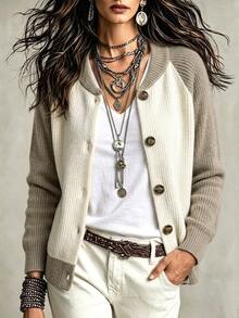 Zayélia Women's Colorblock Single-Breasted Casual Daily Long Sleeve Jacket - Multicolor - View 1
