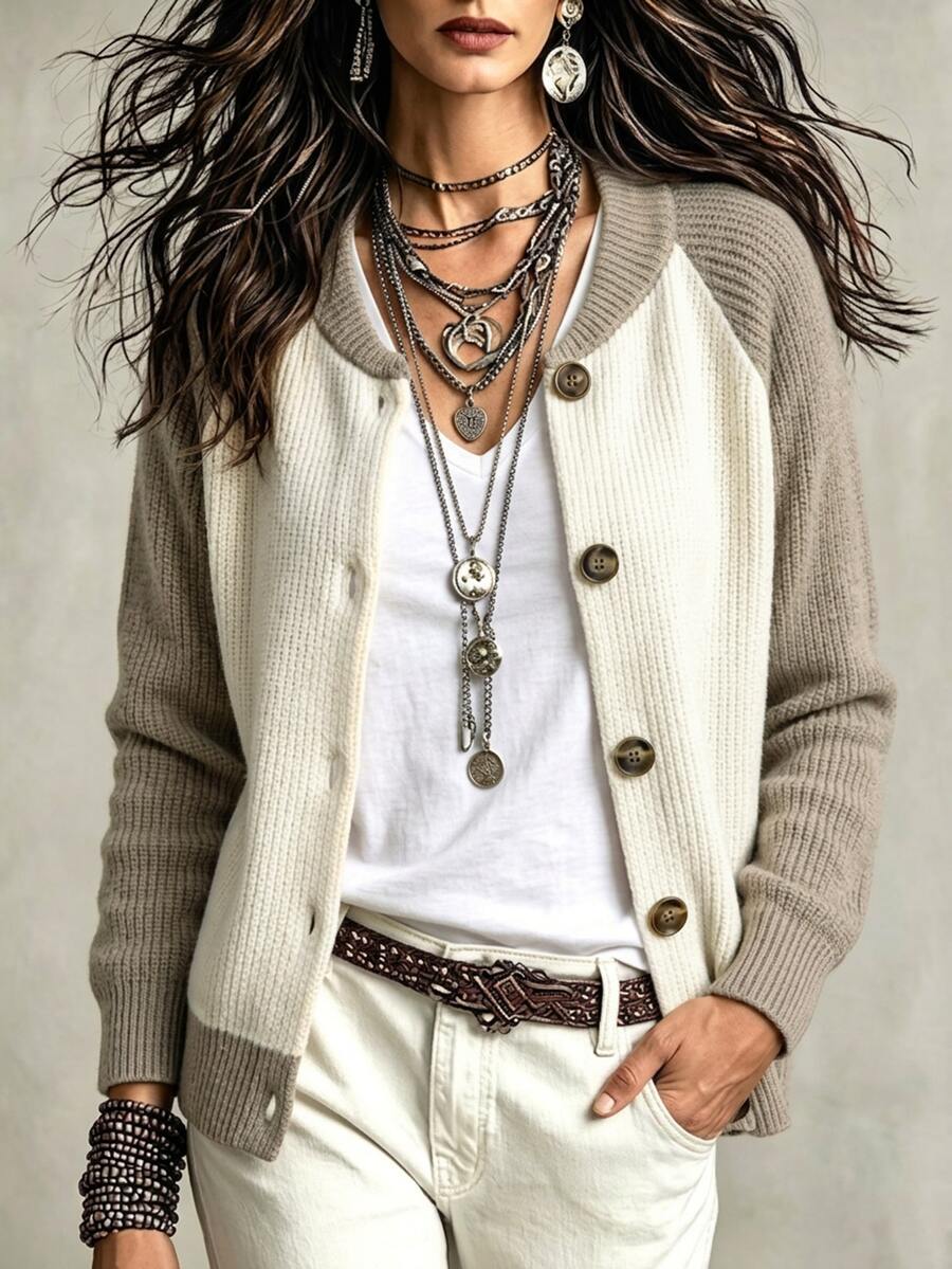 Zayélia Women's Colorblock Single-Breasted Casual Daily Long Sleeve Jacket - Multicolor - View 1