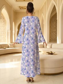 Al Najma 女款優雅V領荷葉袖大裙擺淺粉色花卉印花洋裝，聚酯纖維材質，適合外出、正式場合、早晨、冬季 - 紫色 - 查看 2