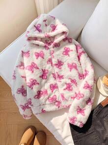 SHEIN 青少年女孩可愛蝴蝶結毛絨拉鍊外套，冬季日常居家、校園、旅行及戶外穿著，秋冬款 - 粉色 - 查看 4