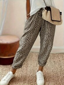 SHEIN Holidaya Retro Casual Black & White Vertical Striped Harem Pants - Khaki - View 1