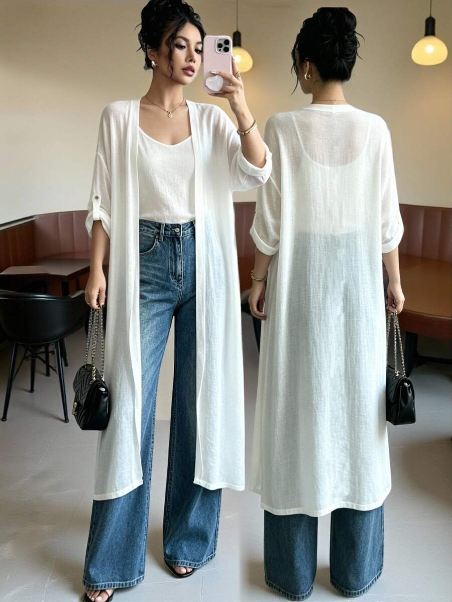 SHEIN Women's Spring/Autumn Casual Minimalist Solid Color Long Thin Jacket With Button Closure, Suitable For Daily Wear