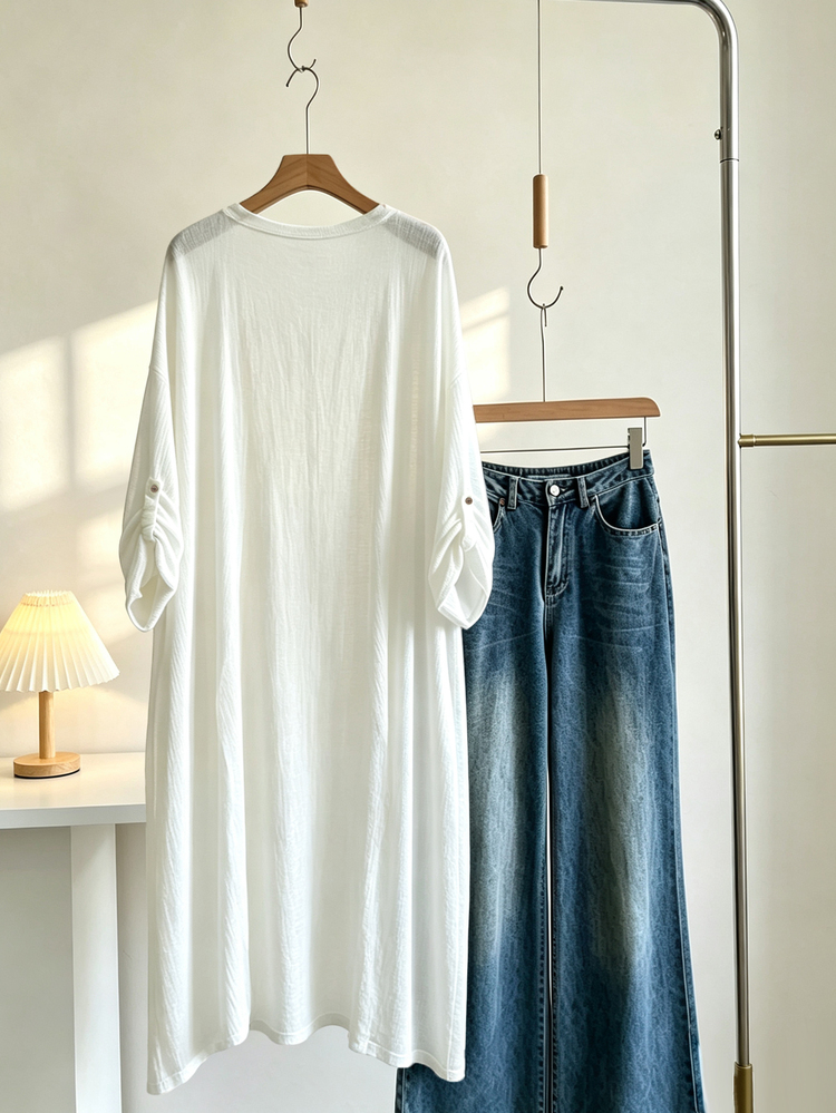 SHEIN Women's Spring/Autumn Casual Minimalist Solid Color Long Thin Jacket With Button Closure, Suitable For Daily Wear - White - View 2