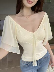 Joudiya 春夏優雅鏤空蕾絲荷葉邊拼接網紗上衣，乳白色蕾絲修身短袖T恤，適合約會、婚禮、派對、正式場合 - 淡黃色 - 查看 5