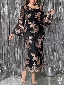 SHEIN Clasi 大尺碼女款花卉印花休閒派對洋裝 - 香檳色 - 查看 7