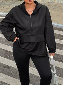 SHEIN EZwear 大尺碼時尚拉鍊長袖連帽輕便外套 適合登山 秋季休閒簡約風 - 黑色 - 查看 7