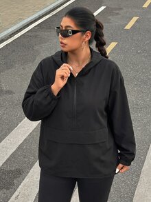 SHEIN EZwear 大尺碼時尚拉鍊長袖連帽輕便外套 適合登山 秋季休閒簡約風 - 黑色 - 查看 5