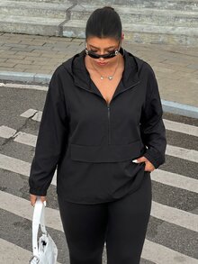 SHEIN EZwear 大尺碼時尚拉鍊長袖連帽輕便外套 適合登山 秋季休閒簡約風 - 黑色 - 查看 4