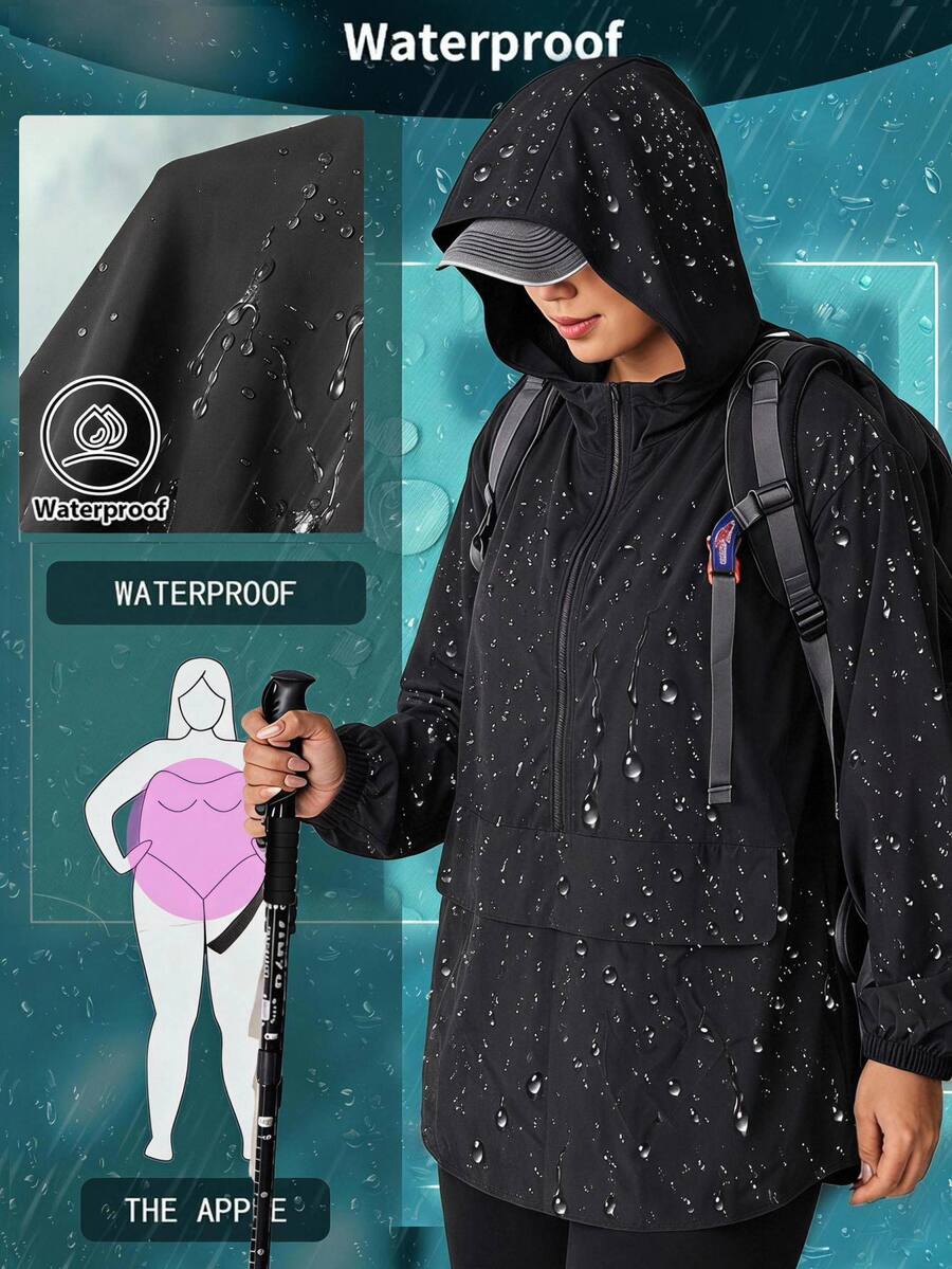 SHEIN EZwear 大尺碼時尚拉鍊長袖連帽輕便外套 適合登山 秋季休閒簡約風 - 黑色 - 查看 1