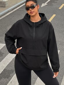 SHEIN EZwear 大尺碼時尚拉鍊長袖連帽輕便外套 適合登山 秋季休閒簡約風 - 黑色 - 查看 6
