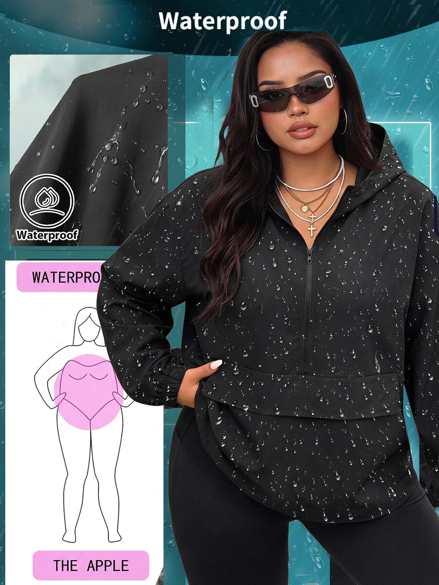 SHEIN EZwear 大尺碼時尚拉鍊長袖連帽輕便夾克,適合登山、秋季休閒與簡約穿搭 - 黑色 - 查看 1
