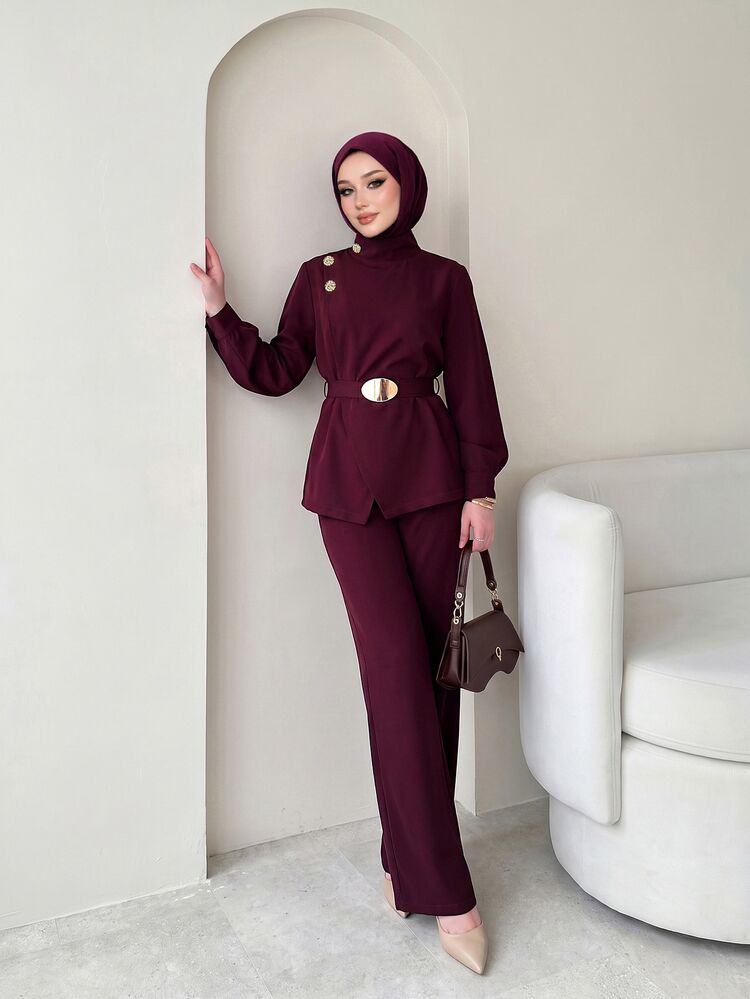 Celisse طقم نسائي جديد للخريف أنيق من قطعتين، جاكيت عصري وبنطلون واسع الساق - الأرجواني - مشاهدة 5