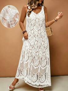 SHEIN Clasi Plus Size Spring/Summer French Style Elegant Casual Commute Vacation Lace Color Block Spaghetti Strap Maxi A-Line Dress - White - View 1